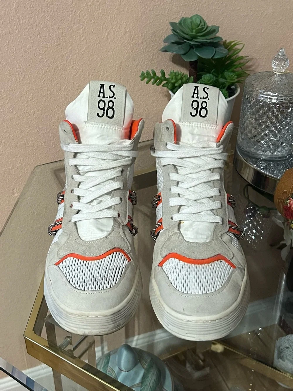 A.S.98 Women's High-Top Punk Rock Sneakers in White & Orange Size 40/9-9.5